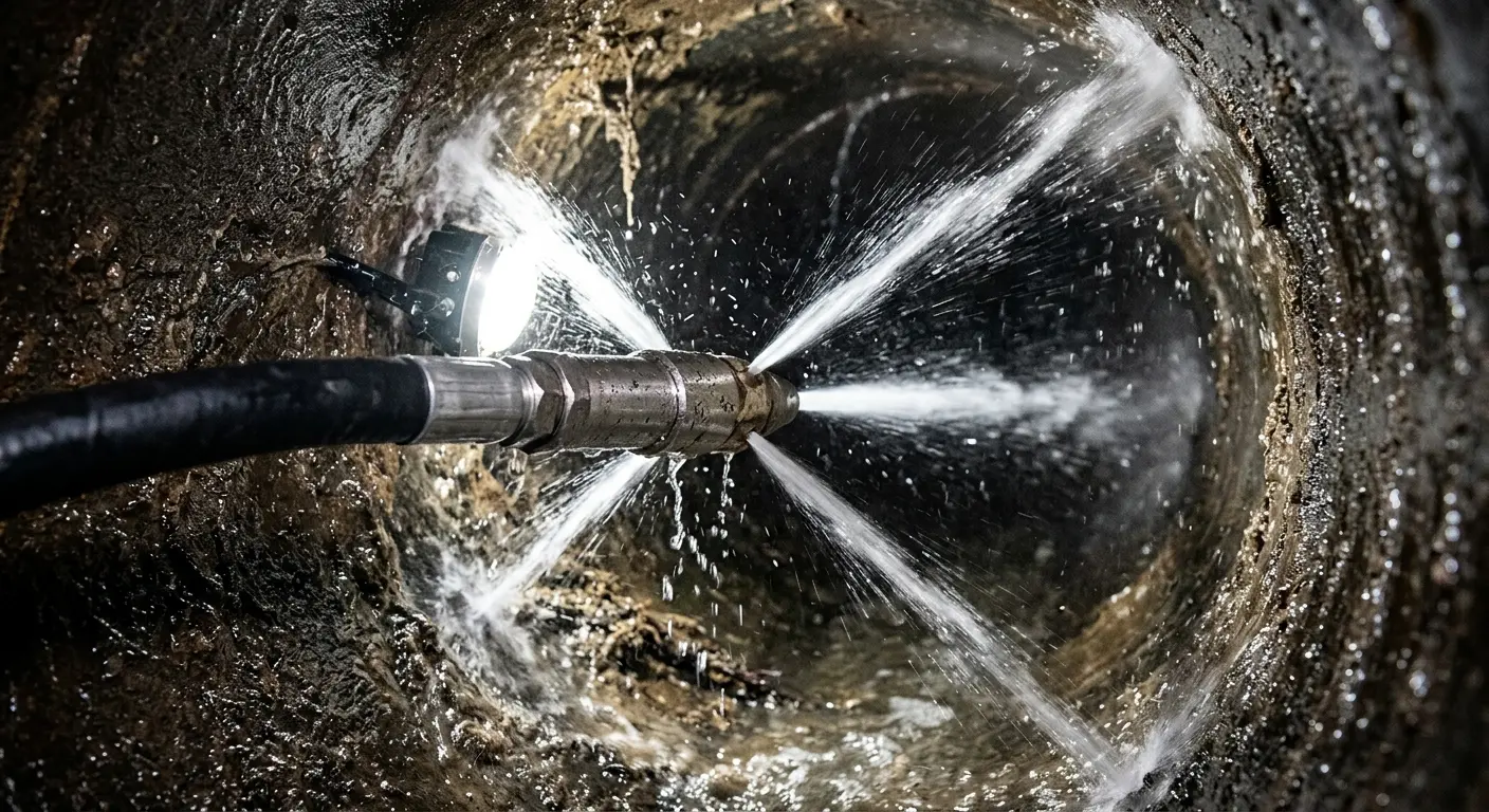 High-pressure hydro jetting nozzle cleaning sewer pipe for Sewer Cleanout in Arlington Heights