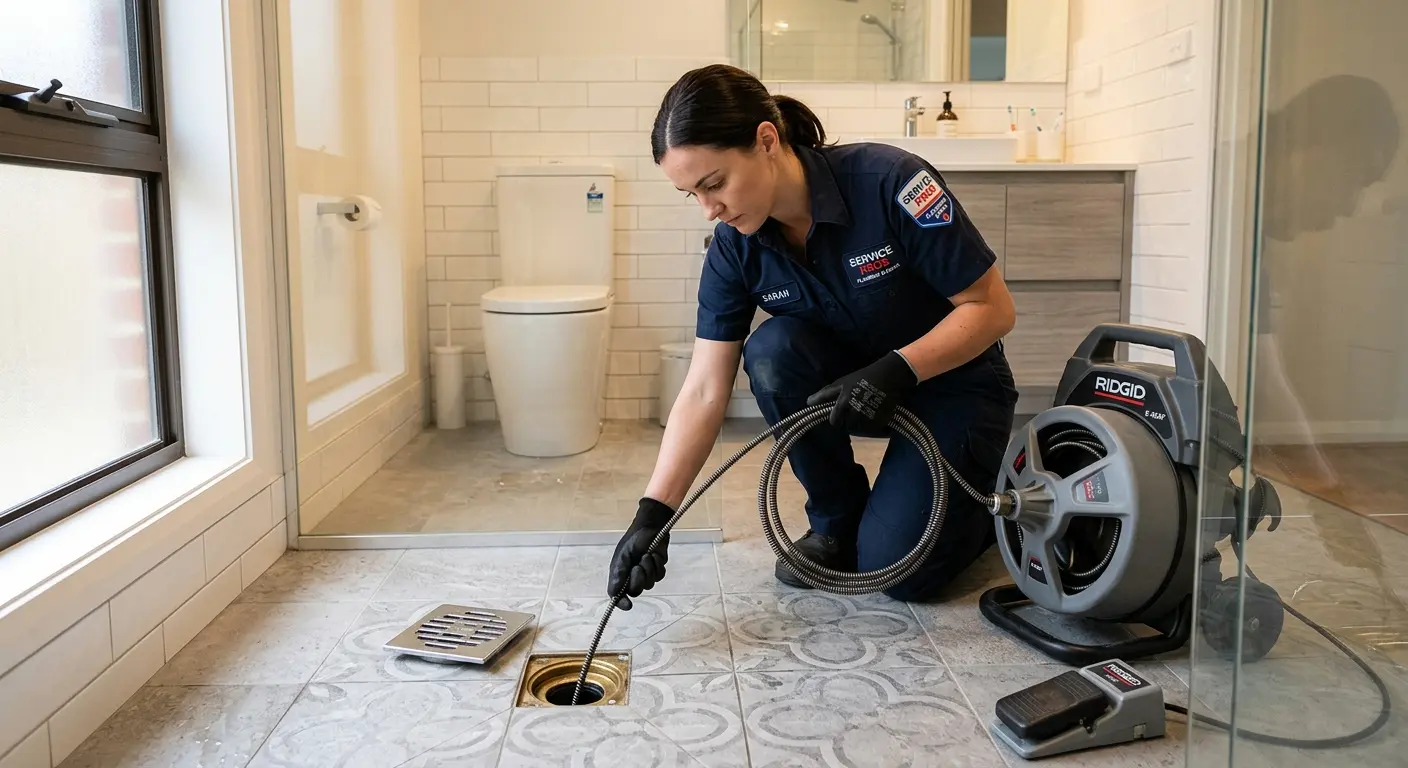 Technician clearing a bathroom floor drain for Drain Cleaning in Arlington Heights